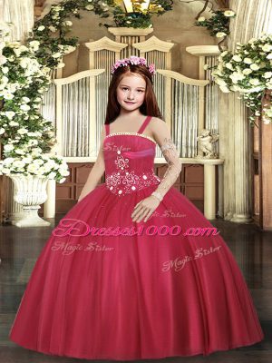 Floor Length Lace Up Little Girl Pageant Dress Red for Party and Sweet 16 and Wedding Party with Beading