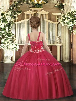 Floor Length Lace Up Little Girl Pageant Dress Red for Party and Sweet 16 and Wedding Party with Beading