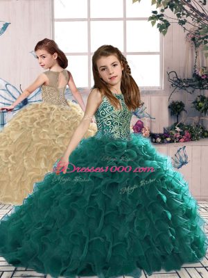 Hot Selling Turquoise Sleeveless Floor Length Beading and Ruffles Lace Up Pageant Dress Womens