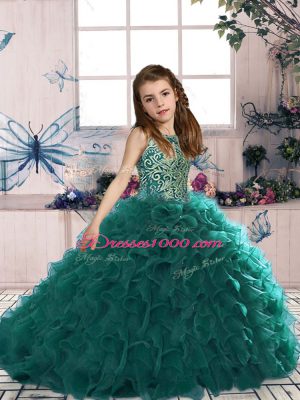 Hot Selling Turquoise Sleeveless Floor Length Beading and Ruffles Lace Up Pageant Dress Womens