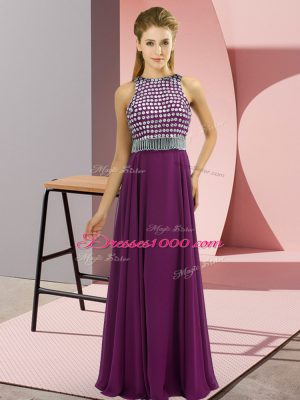 Fashion Floor Length Eggplant Purple Prom Dress Chiffon Sleeveless Beading