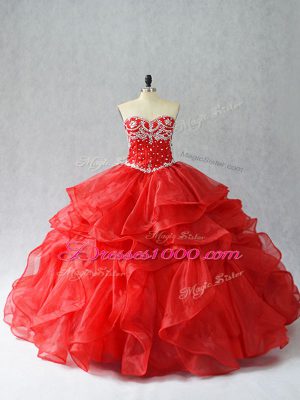 Floor Length Red Sweet 16 Dresses Organza Sleeveless Beading and Ruffles