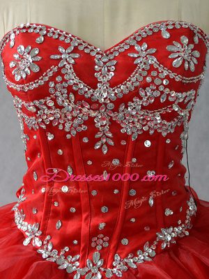 Floor Length Red Sweet 16 Dresses Organza Sleeveless Beading and Ruffles