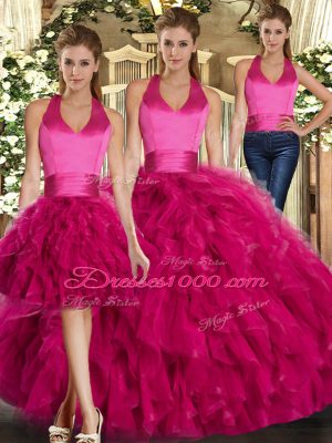 Exceptional Fuchsia Halter Top Lace Up Ruffles Sweet 16 Dresses Sleeveless