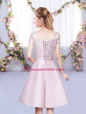 Dramatic Baby Pink Sleeveless Mini Length Bowknot Lace Up Bridesmaid Dress