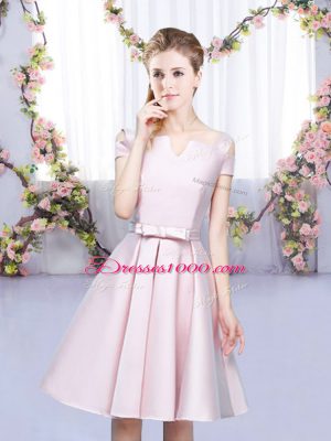 Dramatic Baby Pink Sleeveless Mini Length Bowknot Lace Up Bridesmaid Dress