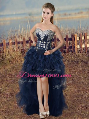 Navy Blue Satin and Organza Lace Up Quinceanera Gowns Sleeveless Embroidery and Ruffles