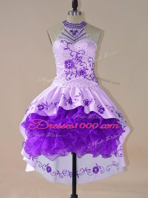 Ball Gowns Purple Halter Top Satin and Organza Long Sleeves High Low Lace Up
