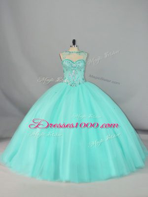 Brush Train Ball Gowns Sweet 16 Quinceanera Dress Apple Green Scoop Tulle Sleeveless Lace Up