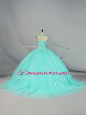 Brush Train Ball Gowns Sweet 16 Quinceanera Dress Apple Green Scoop Tulle Sleeveless Lace Up