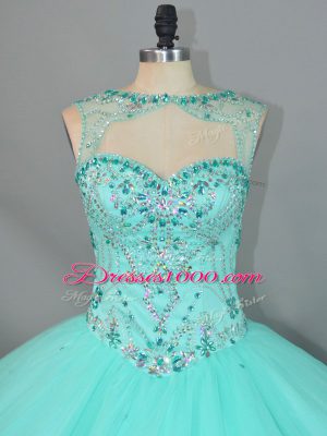 Brush Train Ball Gowns Sweet 16 Quinceanera Dress Apple Green Scoop Tulle Sleeveless Lace Up