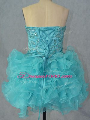 Luxury Aqua Blue Sleeveless Mini Length Beading and Ruffles Lace Up Dress for Prom