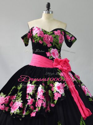 Black Sleeveless Embroidery Lace Up Quince Ball Gowns