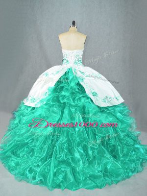 Sleeveless Floor Length Embroidery and Ruffles Lace Up Sweet 16 Dresses with Turquoise