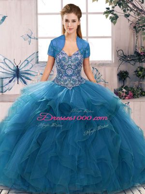 Super Blue Lace Up Sweet 16 Dress Beading and Ruffles Sleeveless Floor Length