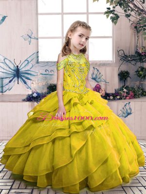 Sleeveless Floor Length Beading and Ruffled Layers Side Zipper Child Pageant Dress with Olive Green