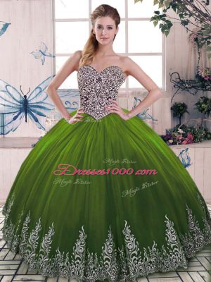 Adorable Floor Length Lace Up 15 Quinceanera Dress Olive Green for Military Ball and Sweet 16 and Quinceanera with Beading and Embroidery