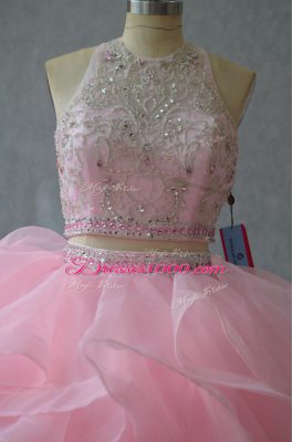 Comfortable Pink Halter Top Backless Beading and Ruffles Quinceanera Dresses Sleeveless