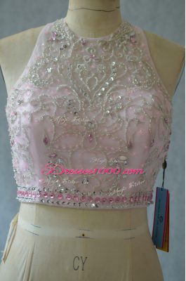 Comfortable Pink Halter Top Backless Beading and Ruffles Quinceanera Dresses Sleeveless