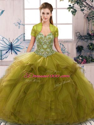 Lovely Olive Green Sleeveless Beading and Ruffles Floor Length Sweet 16 Dresses
