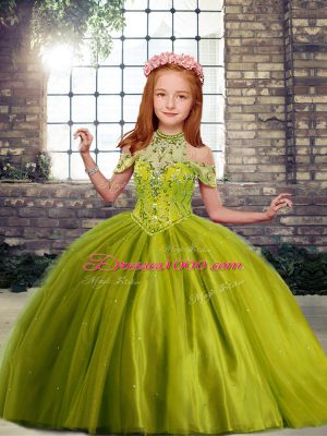 Beauteous Olive Green High-neck Lace Up Beading Little Girl Pageant Dress Sleeveless