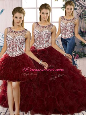 Custom Designed Three Pieces Quince Ball Gowns Burgundy Scoop Organza Sleeveless Floor Length Lace Up