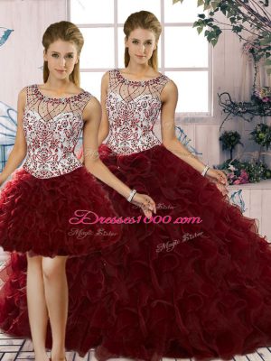 Custom Designed Three Pieces Quince Ball Gowns Burgundy Scoop Organza Sleeveless Floor Length Lace Up