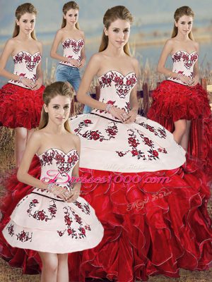 Elegant Floor Length White And Red Sweet 16 Dresses Organza Sleeveless Embroidery and Ruffles and Bowknot