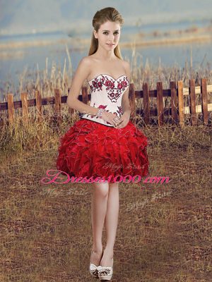 Elegant Floor Length White And Red Sweet 16 Dresses Organza Sleeveless Embroidery and Ruffles and Bowknot