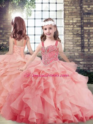 Watermelon Red Tulle Lace Up Straps Sleeveless Floor Length Pageant Gowns Beading and Ruffles