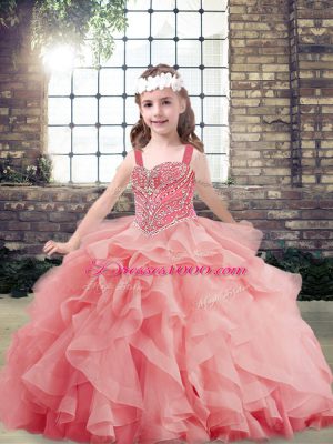 Watermelon Red Tulle Lace Up Straps Sleeveless Floor Length Pageant Gowns Beading and Ruffles