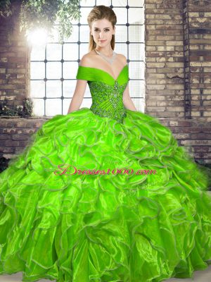 Ball Gowns Organza Off The Shoulder Sleeveless Beading and Ruffles Floor Length Lace Up Sweet 16 Dresses