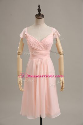 Customized Empire Formal Evening Gowns Pink Straps Chiffon Cap Sleeves Zipper