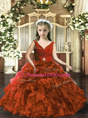 Trendy Ball Gowns Little Girls Pageant Dress Brown V-neck Organza Sleeveless Floor Length Backless