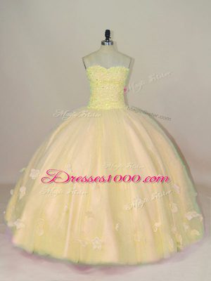 Sleeveless Beading and Hand Made Flower Lace Up Quince Ball Gowns