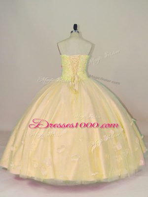 Sleeveless Beading and Hand Made Flower Lace Up Quince Ball Gowns