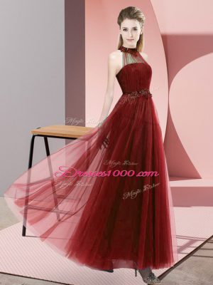 Cute Wine Red Tulle Lace Up Bridesmaid Gown Sleeveless Floor Length Beading and Appliques