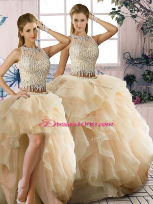 Classical Champagne Organza Zipper Sweet 16 Quinceanera Dress Sleeveless Floor Length Beading and Ruffles