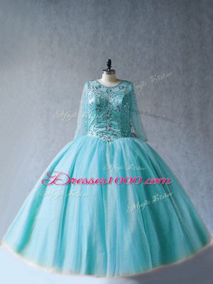 Modest Long Sleeves Floor Length Beading Lace Up Quinceanera Gowns with Aqua Blue