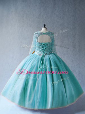 Modest Long Sleeves Floor Length Beading Lace Up Quinceanera Gowns with Aqua Blue