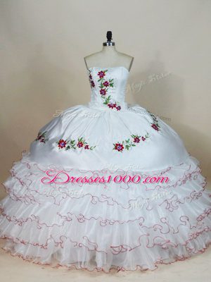 Luxurious White Lace Up Vestidos de Quinceanera Embroidery and Ruffled Layers Sleeveless Floor Length