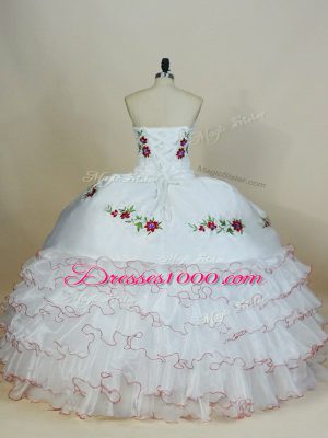 Luxurious White Lace Up Vestidos de Quinceanera Embroidery and Ruffled Layers Sleeveless Floor Length
