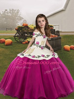 Glorious Sleeveless Organza Floor Length Lace Up Kids Formal Wear in Fuchsia with Embroidery