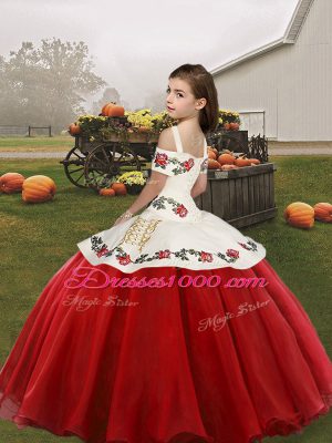 Glorious Sleeveless Organza Floor Length Lace Up Kids Formal Wear in Fuchsia with Embroidery