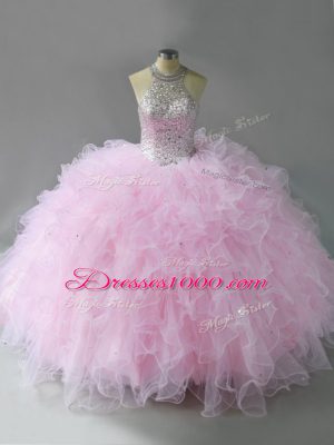 Pink Lace Up Halter Top Beading and Ruffles Quinceanera Gown Tulle Sleeveless