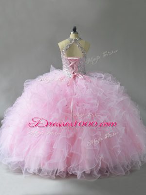 Pink Lace Up Halter Top Beading and Ruffles Quinceanera Gown Tulle Sleeveless