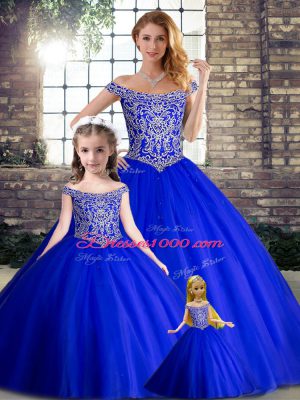 Gorgeous Royal Blue Ball Gowns Beading Sweet 16 Dresses Lace Up Tulle Sleeveless