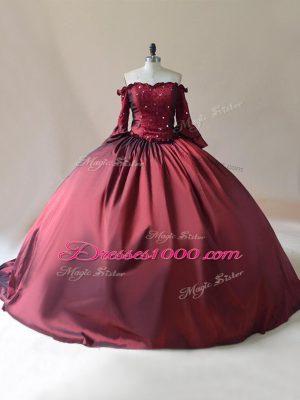 New Arrival Burgundy Long Sleeves Satin Brush Train Lace Up 15th Birthday Dress for Sweet 16 and Quinceanera