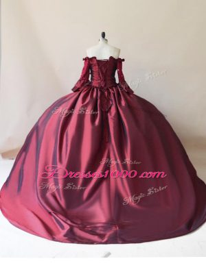 New Arrival Burgundy Long Sleeves Satin Brush Train Lace Up 15th Birthday Dress for Sweet 16 and Quinceanera