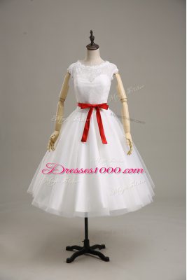 Short Sleeves Tea Length Lace and Belt Clasp Handle Bridal Gown with White